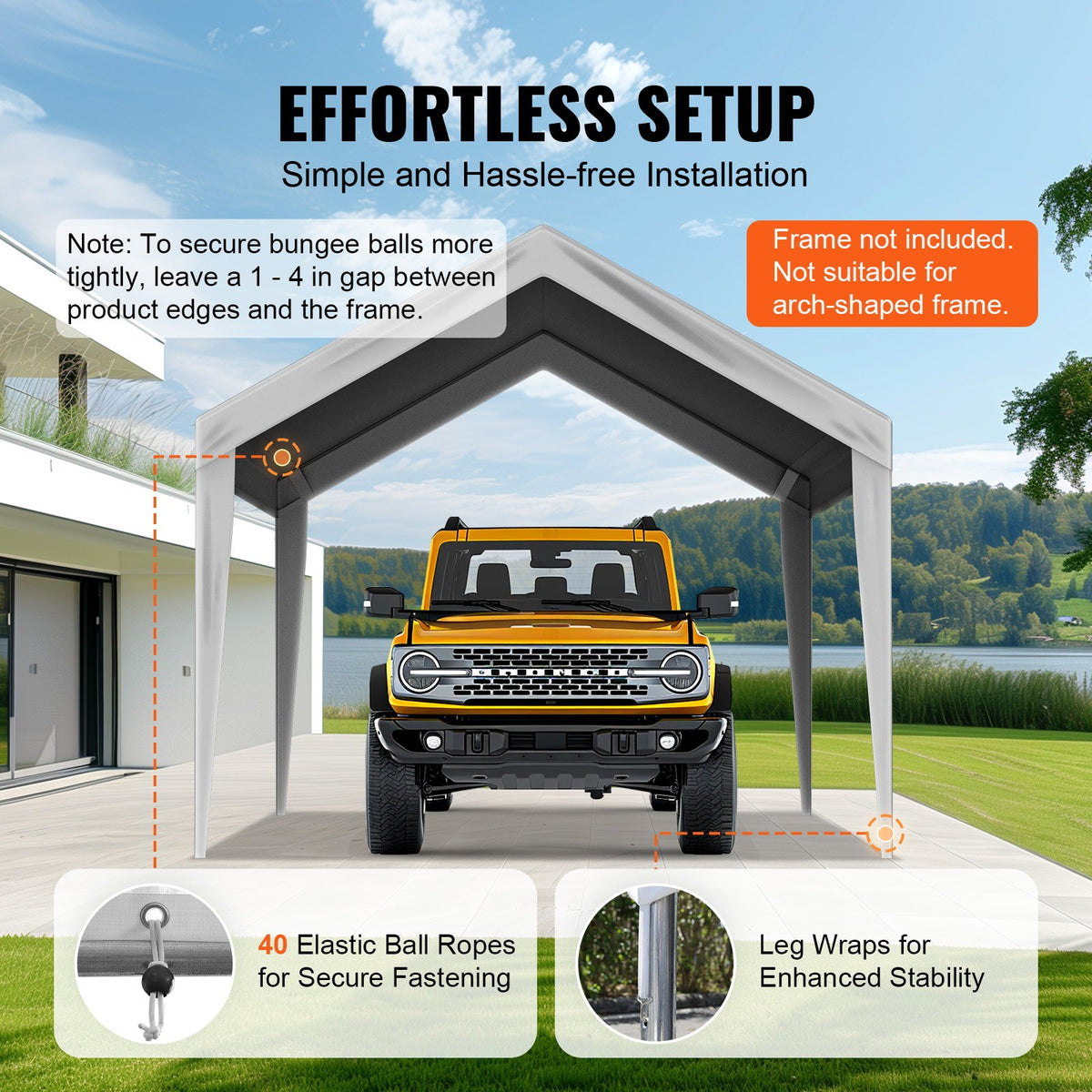 VEVOR Carport Replacement Canopy Cover 10 x 20 ft, Garage Top Tent Shelter Tarp Heavy-Duty Waterproof & UV Protected, Easy Installation with Ball Bungees,Grey (Only Top Cover, Frame Not Include) - CKPB10X20FTH2ELL4V0 - view 6