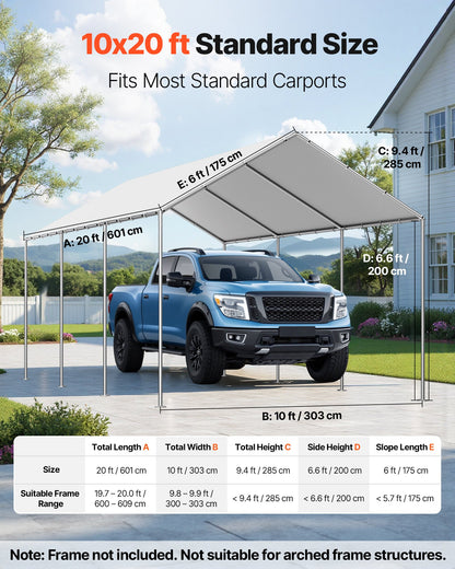 VEVOR Carport Replacement Canopy, 10 x 20 ft Potable Garage Tent Top Tarp, UV-Resistant & Waterproof Car Shelter Tarp, Heavy Duty Car Port Cover with Ball Buggees, Grey, Frame Not Included - CKPB10X20FTHHVXKO001V0 - view 3