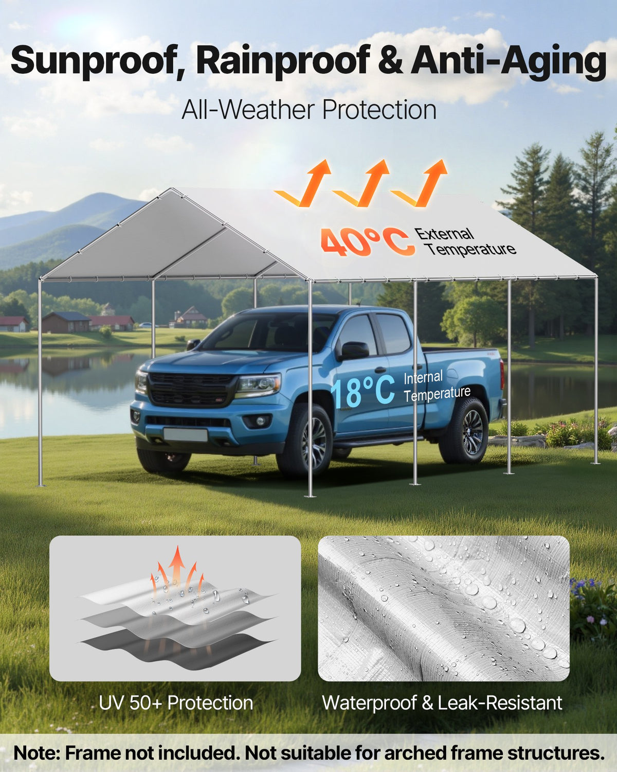 VEVOR Carport Replacement Canopy, 10 x 20 ft Potable Garage Tent Top Tarp, UV-Resistant & Waterproof Car Shelter Tarp, Heavy Duty Car Port Cover with Ball Buggees, Grey, Frame Not Included - CKPB10X20FTHHVXKO001V0 - view 4