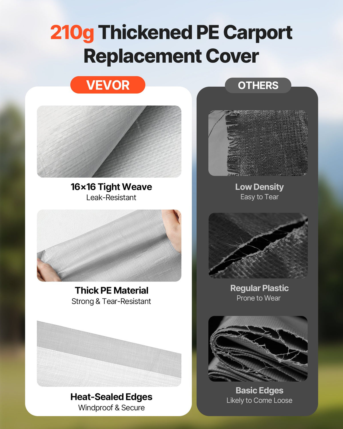 VEVOR Carport Replacement Canopy, 10 x 20 ft Potable Garage Tent Top Tarp, UV-Resistant & Waterproof Car Shelter Tarp, Heavy Duty Car Port Cover with Ball Buggees, Grey, Frame Not Included - CKPB10X20FTHHVXKO001V0 - view 5