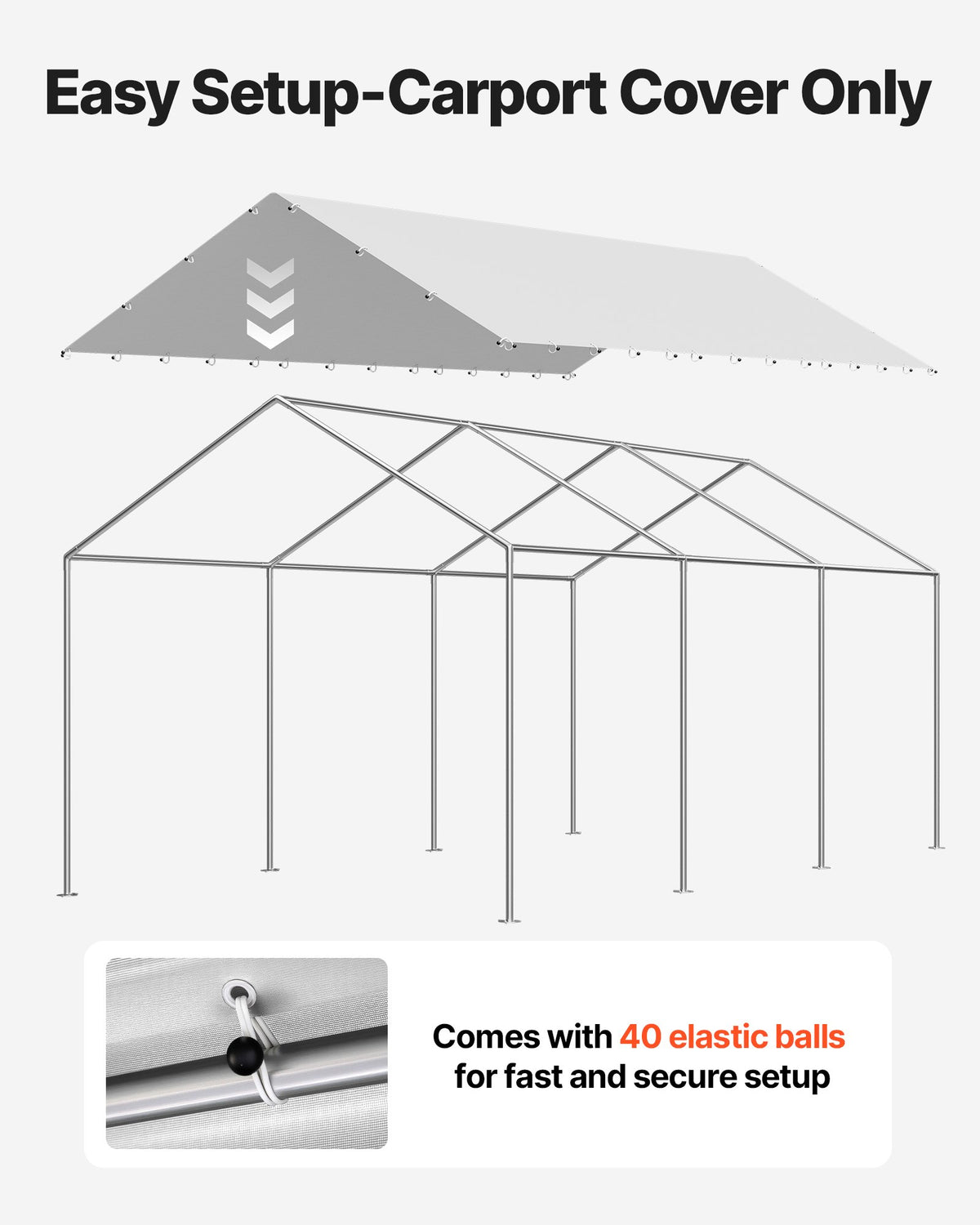VEVOR Carport Replacement Canopy, 10 x 20 ft Potable Garage Tent Top Tarp, UV-Resistant & Waterproof Car Shelter Tarp, Heavy Duty Car Port Cover with Ball Buggees, Grey, Frame Not Included - CKPB10X20FTHHVXKO001V0 - view 6