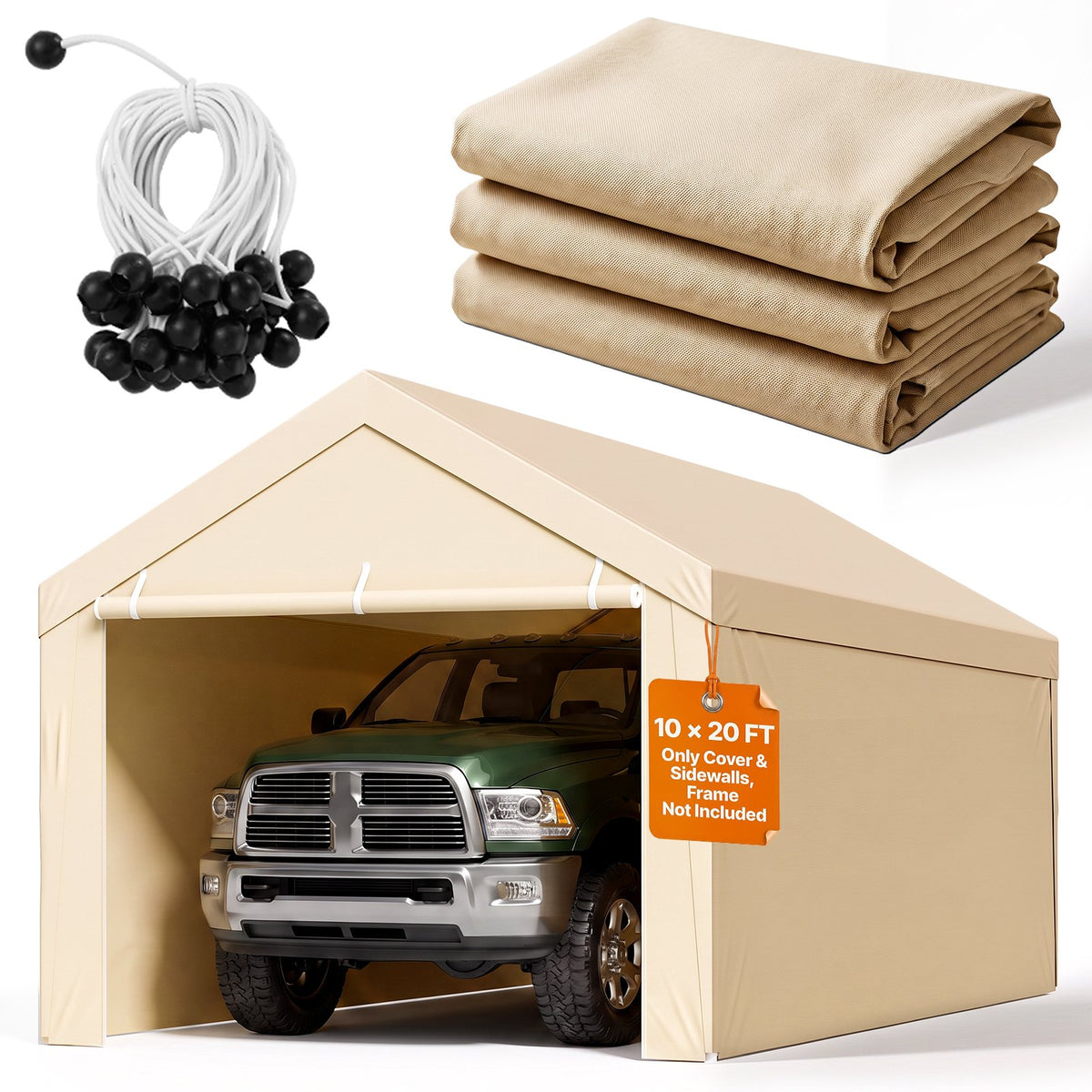 VEVOR Carport Replacement Canopy, 10 x 20 ft Potable Garage Tent Top Tarp with Sidewalls, UV-Resistant & Waterproof, Heavy Duty Car Shelter Tarp with Ball Buggees, Beige, Frame Not Included - CKPB10X20FTMK3PDN001V0 - view 1