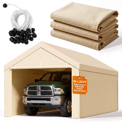 VEVOR Carport Replacement Canopy, 10 x 20 ft Potable Garage Tent Top Tarp with Sidewalls, UV-Resistant & Waterproof, Heavy Duty Car Shelter Tarp with Ball Buggees, Beige, Frame Not Included - CKPB10X20FTMK3PDN001V0 - view 1