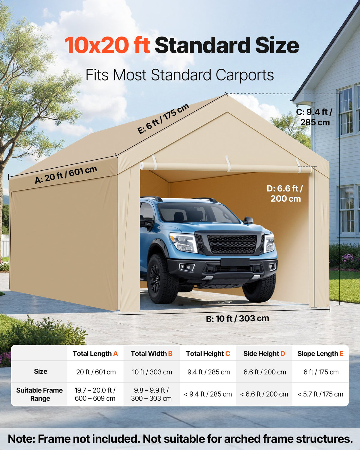 VEVOR Carport Replacement Canopy, 10 x 20 ft Potable Garage Tent Top Tarp with Sidewalls, UV-Resistant & Waterproof, Heavy Duty Car Shelter Tarp with Ball Buggees, Beige, Frame Not Included - CKPB10X20FTMK3PDN001V0 - view 3