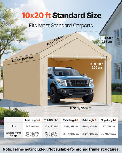 VEVOR Carport Replacement Canopy, 10 x 20 ft Potable Garage Tent Top Tarp with Sidewalls, UV-Resistant & Waterproof, Heavy Duty Car Shelter Tarp with Ball Buggees, Beige, Frame Not Included - CKPB10X20FTMK3PDN001V0 - view 3