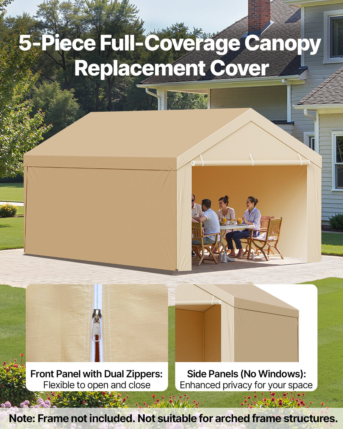 VEVOR Carport Replacement Canopy, 10 x 20 ft Potable Garage Tent Top Tarp with Sidewalls, UV-Resistant & Waterproof, Heavy Duty Car Shelter Tarp with Ball Buggees, Beige, Frame Not Included - CKPB10X20FTMK3PDN001V0 - view 4