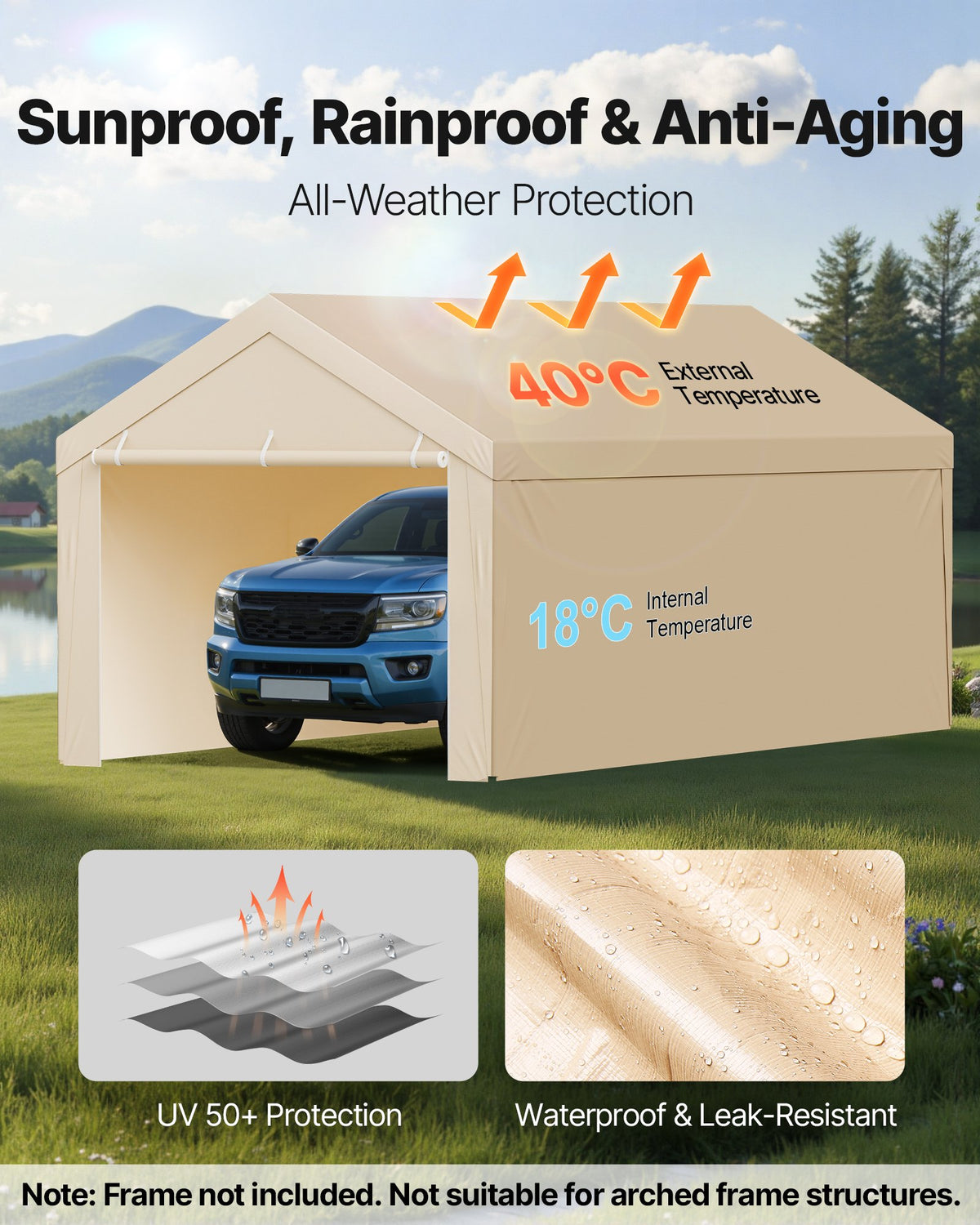 VEVOR Carport Replacement Canopy, 10 x 20 ft Potable Garage Tent Top Tarp with Sidewalls, UV-Resistant & Waterproof, Heavy Duty Car Shelter Tarp with Ball Buggees, Beige, Frame Not Included - CKPB10X20FTMK3PDN001V0 - view 5