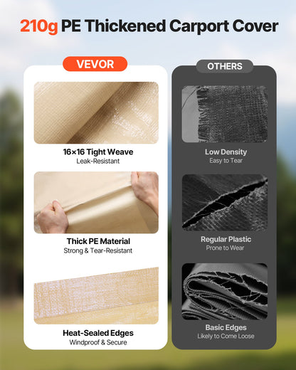 VEVOR Carport Replacement Canopy, 10 x 20 ft Potable Garage Tent Top Tarp with Sidewalls, UV-Resistant & Waterproof, Heavy Duty Car Shelter Tarp with Ball Buggees, Beige, Frame Not Included - CKPB10X20FTMK3PDN001V0 - view 6