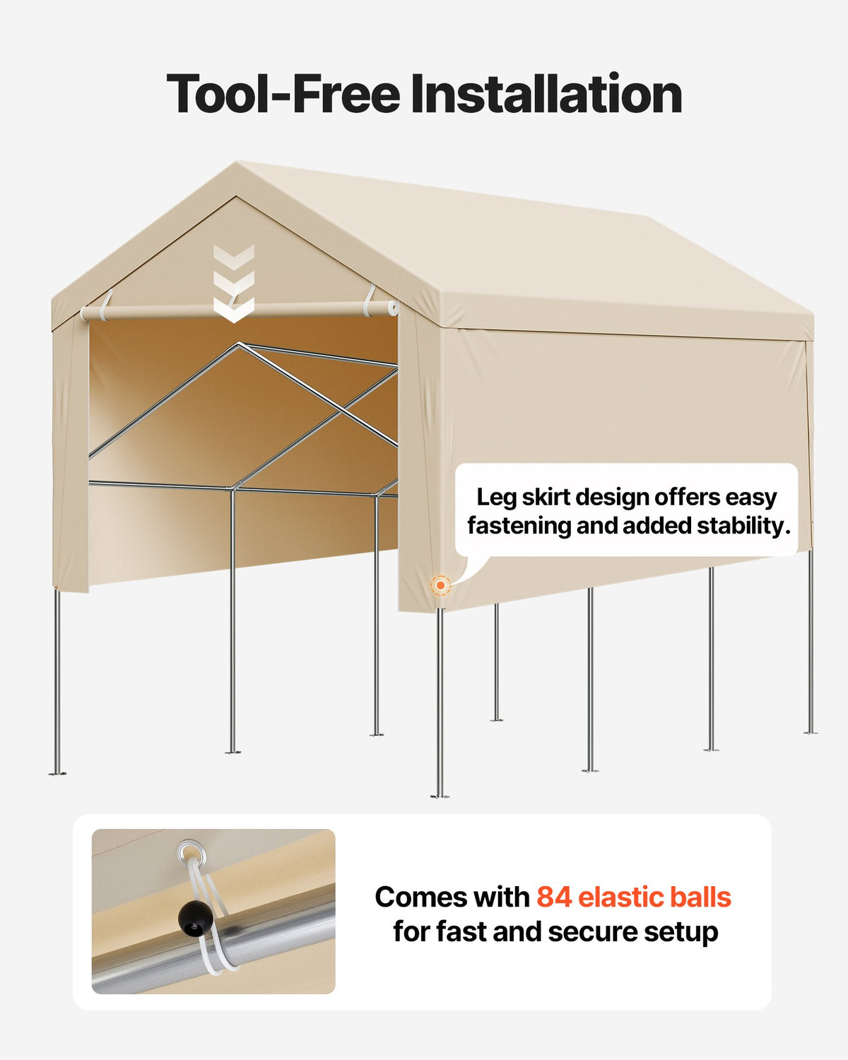 VEVOR Carport Replacement Canopy, 10 x 20 ft Potable Garage Tent Top Tarp with Sidewalls, UV-Resistant & Waterproof, Heavy Duty Car Shelter Tarp with Ball Buggees, Beige, Frame Not Included - CKPB10X20FTMK3PDN001V0 - view 7