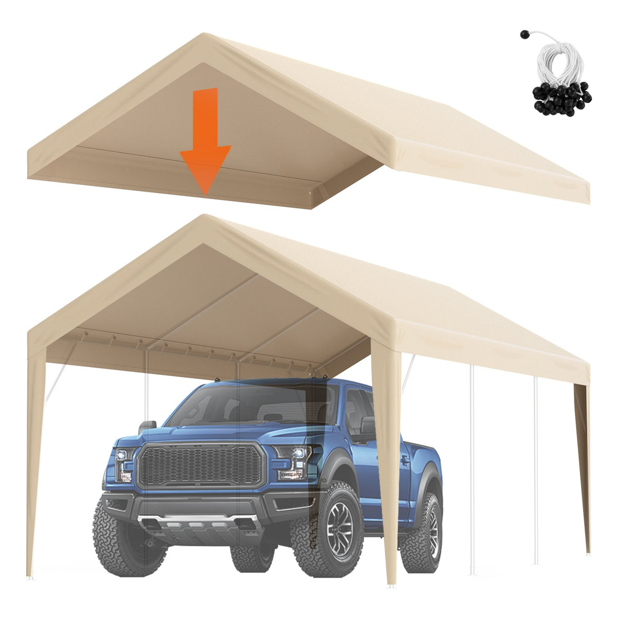 VEVOR Carport Replacement Canopy Cover 10 x 20 ft, Garage Top Tent Shelter Tarp Heavy-Duty Waterproof & UV Protected, Easy Installation with Ball Bungees,Beige (Only Top Cover, Frame Not Include) - CKPB10X20FTMRCY4TV0 - view 1