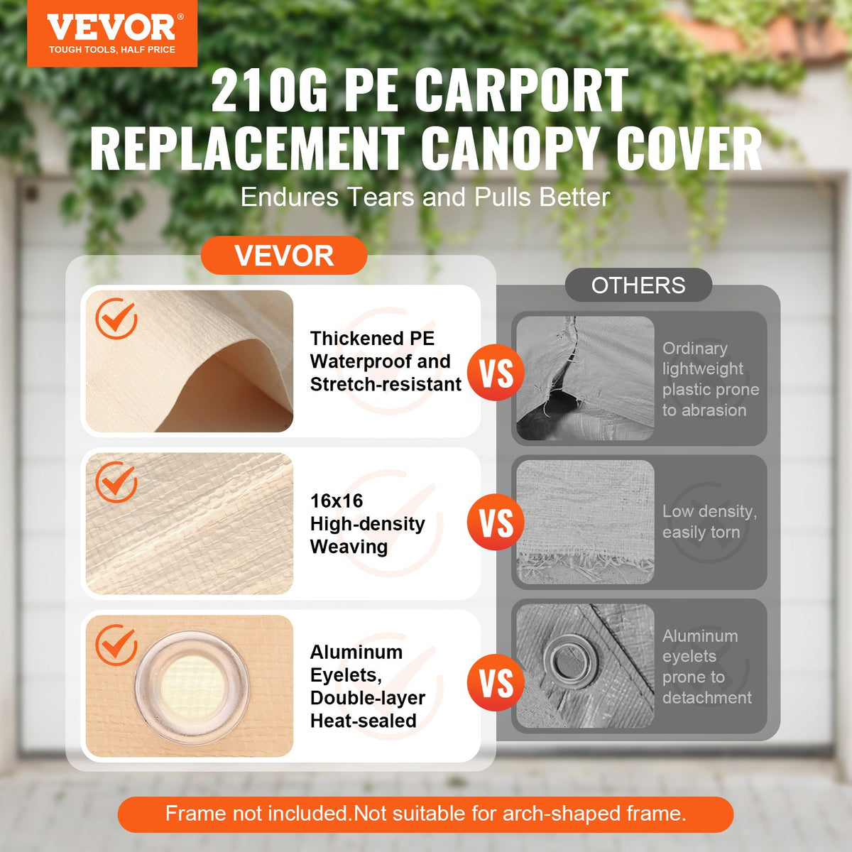 VEVOR Carport Replacement Canopy Cover 10 x 20 ft, Garage Top Tent Shelter Tarp Heavy-Duty Waterproof & UV Protected, Easy Installation with Ball Bungees,Beige (Only Top Cover, Frame Not Include) - CKPB10X20FTMRCY4TV0 - view 3