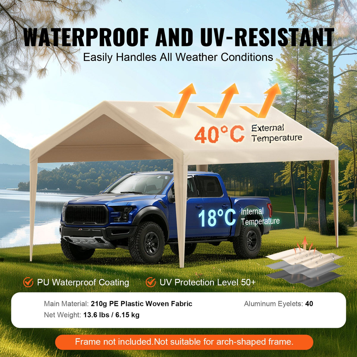 VEVOR Carport Replacement Canopy Cover 10 x 20 ft, Garage Top Tent Shelter Tarp Heavy-Duty Waterproof & UV Protected, Easy Installation with Ball Bungees,Beige (Only Top Cover, Frame Not Include) - CKPB10X20FTMRCY4TV0 - view 4