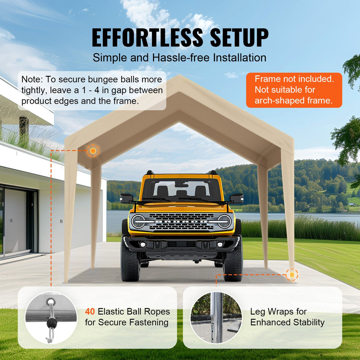 VEVOR Carport Replacement Canopy Cover 10 x 20 ft, Garage Top Tent Shelter Tarp Heavy-Duty Waterproof & UV Protected, Easy Installation with Ball Bungees,Beige (Only Top Cover, Frame Not Include) - CKPB10X20FTMRCY4TV0 - view 6