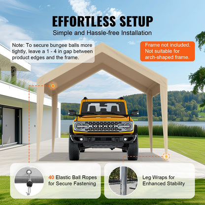 VEVOR Carport Replacement Canopy Cover 10 x 20 ft, Garage Top Tent Shelter Tarp Heavy-Duty Waterproof & UV Protected, Easy Installation with Ball Bungees,Beige (Only Top Cover, Frame Not Include) - CKPB10X20FTMRCY4TV0 - view 6