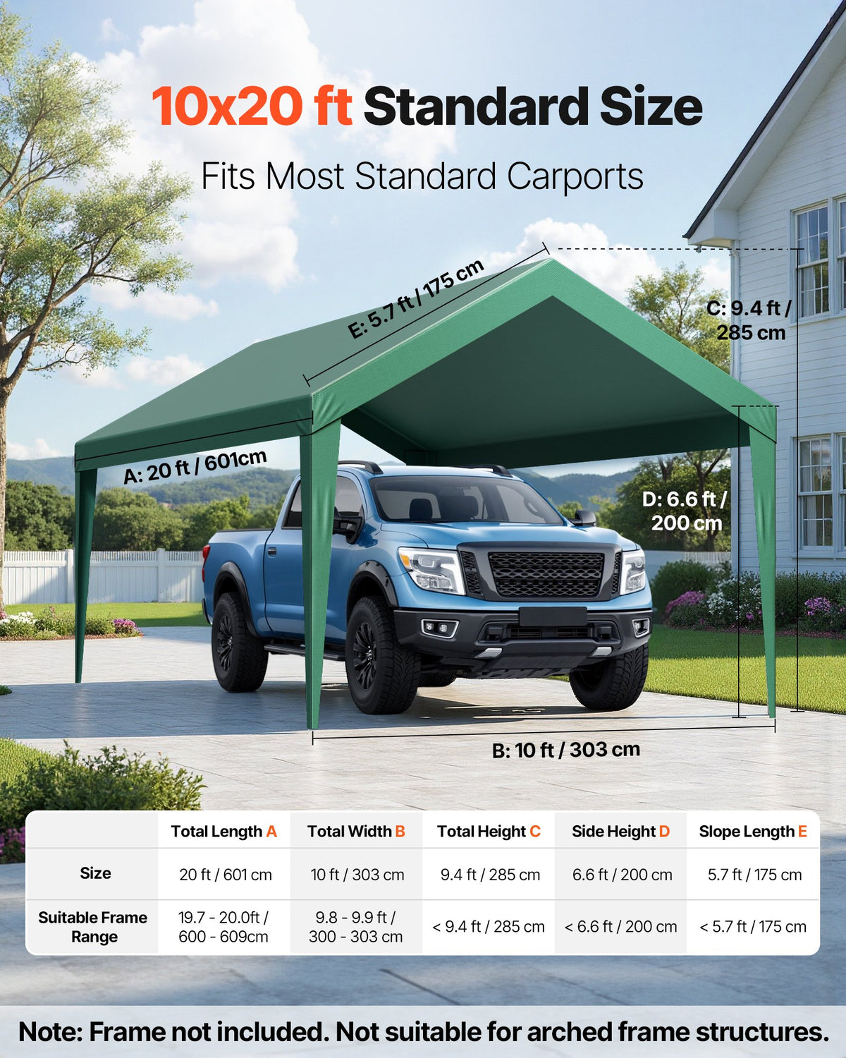 VEVOR Carport Replacement Canopy, 10 x 20 ft Potable Garage Tent Top Tarp, UV-Resistant & Waterproof Car Shelter Tarp, Heavy Duty Car Port Cover with Ball Buggees, Dark Green, Frame Not Included - CKPB10X20FTMSHGRL001V0 - view 3