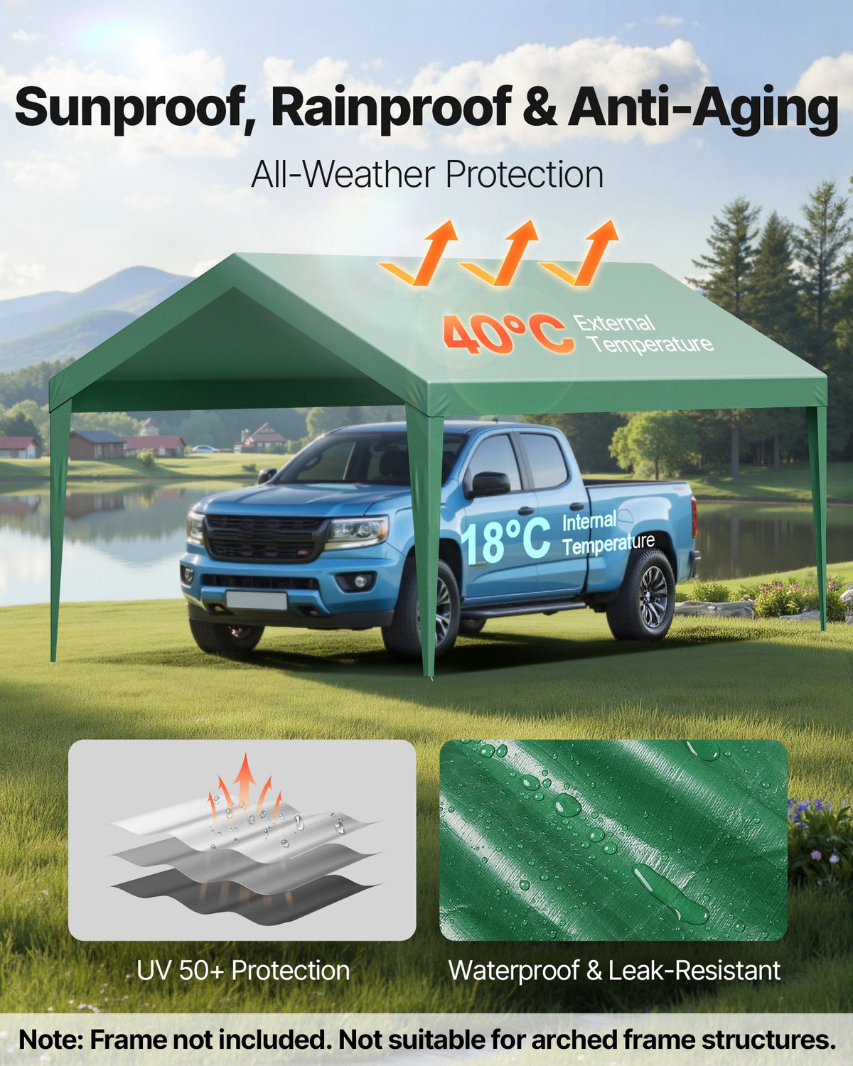 VEVOR Carport Replacement Canopy, 10 x 20 ft Potable Garage Tent Top Tarp, UV-Resistant & Waterproof Car Shelter Tarp, Heavy Duty Car Port Cover with Ball Buggees, Dark Green, Frame Not Included - CKPB10X20FTMSHGRL001V0 - view 4