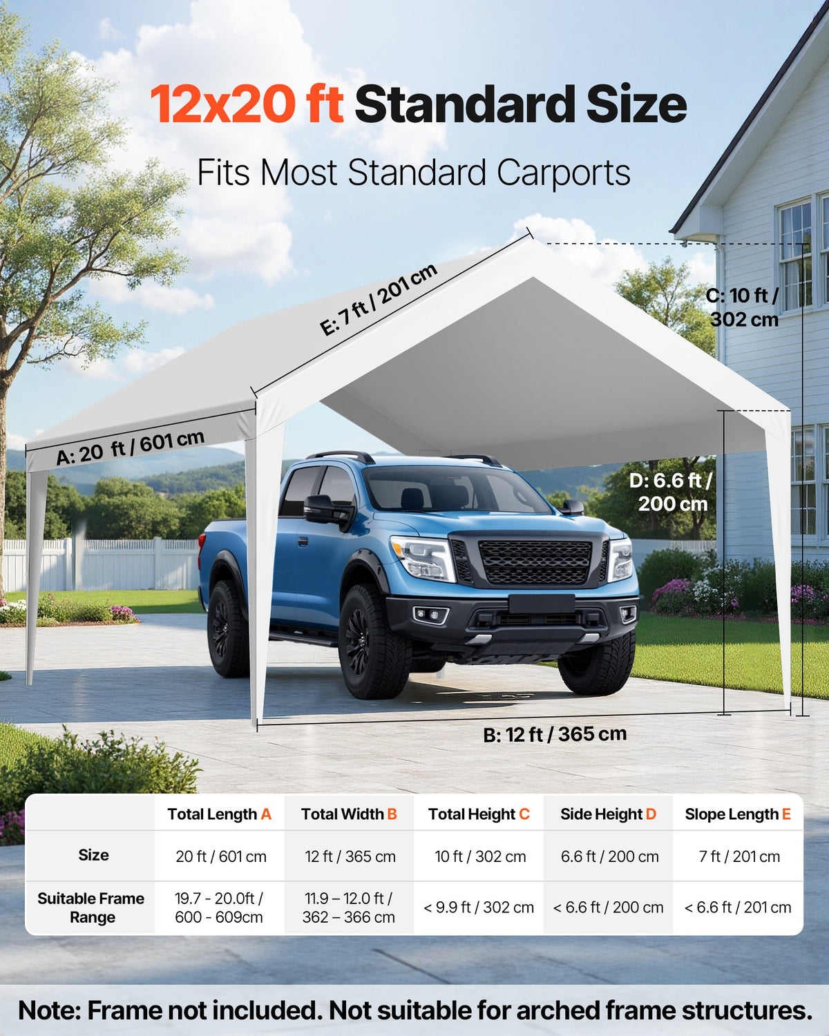 VEVOR Carport Replacement Canopy, 12 x 20 ft Potable Garage Tent Top Tarp, UV-Resistant & Waterproof Car Shelter Tarp, Heavy Duty Car Port Cover with Ball Buggees, White, Frame Not Included - CKPB12X20FTBB7CQI001V0 - view 3