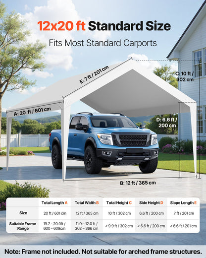 VEVOR Carport Replacement Canopy, 12 x 20 ft Potable Garage Tent Top Tarp, UV-Resistant & Waterproof Car Shelter Tarp, Heavy Duty Car Port Cover with Ball Buggees, White, Frame Not Included - CKPB12X20FTBB7CQI001V0 - view 3