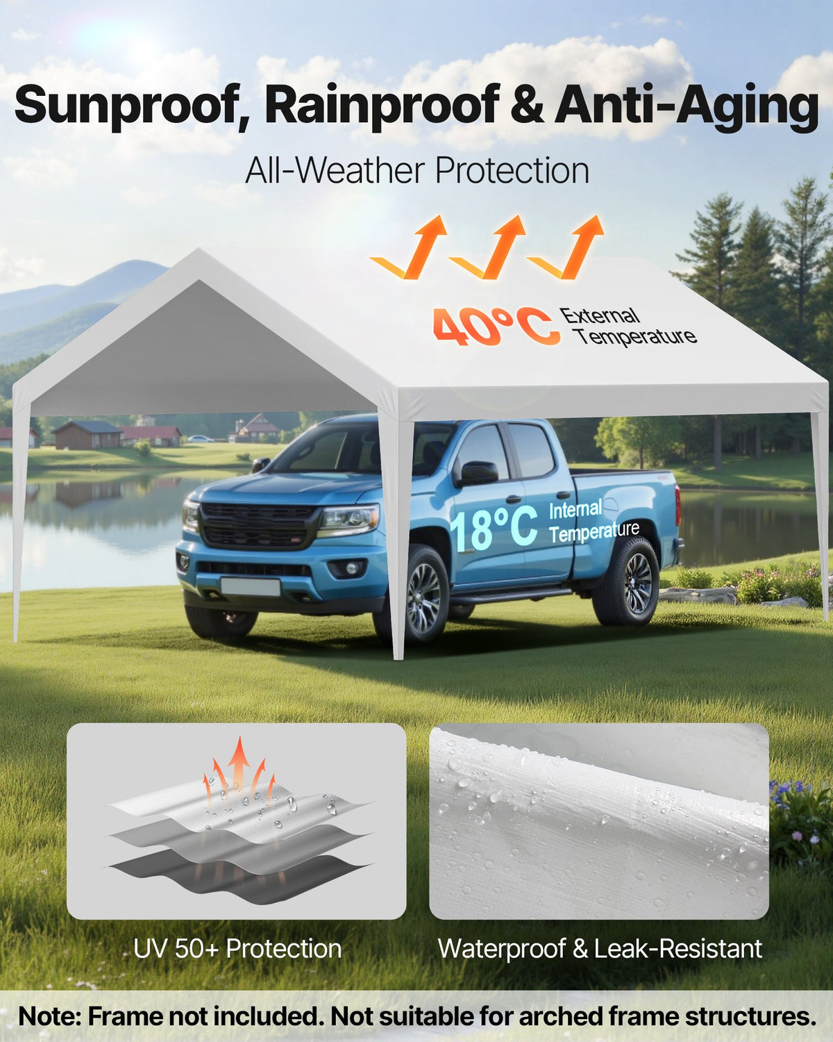 VEVOR Carport Replacement Canopy, 12 x 20 ft Potable Garage Tent Top Tarp, UV-Resistant & Waterproof Car Shelter Tarp, Heavy Duty Car Port Cover with Ball Buggees, White, Frame Not Included - CKPB12X20FTBB7CQI001V0 - view 4