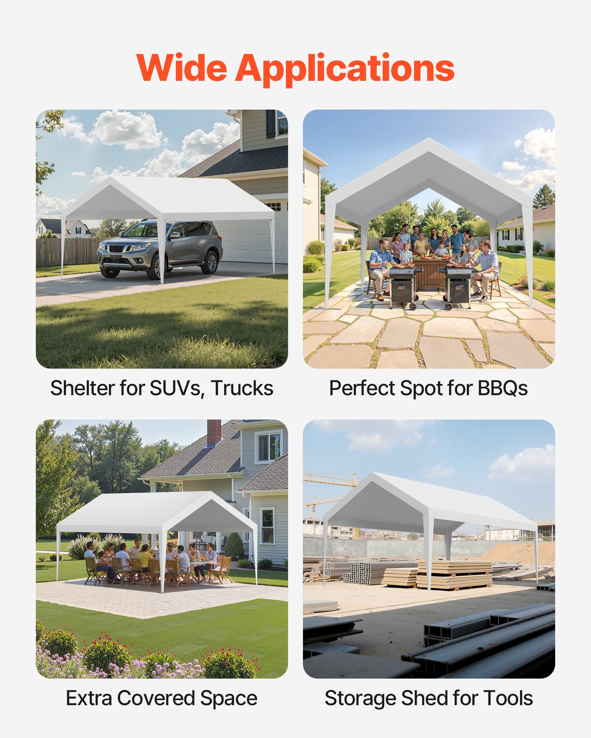 VEVOR Carport Replacement Canopy, 12 x 20 ft Potable Garage Tent Top Tarp, UV-Resistant & Waterproof Car Shelter Tarp, Heavy Duty Car Port Cover with Ball Buggees, White, Frame Not Included - CKPB12X20FTBB7CQI001V0 - view 7