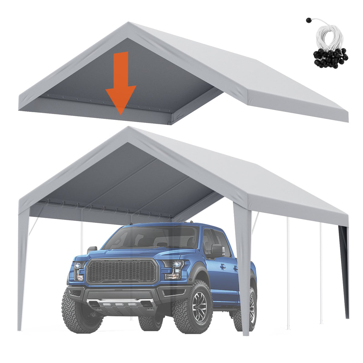 VEVOR Carport Replacement Canopy Cover 12 x 20 ft, Garage Top Tent Shelter Tarp Heavy-Duty Waterproof & UV Protected, Easy Installation with Ball Bungees,Grey (Only Top Cover, Frame Not Include) - CKPB12X20FTH7X9QGV0 - view 1