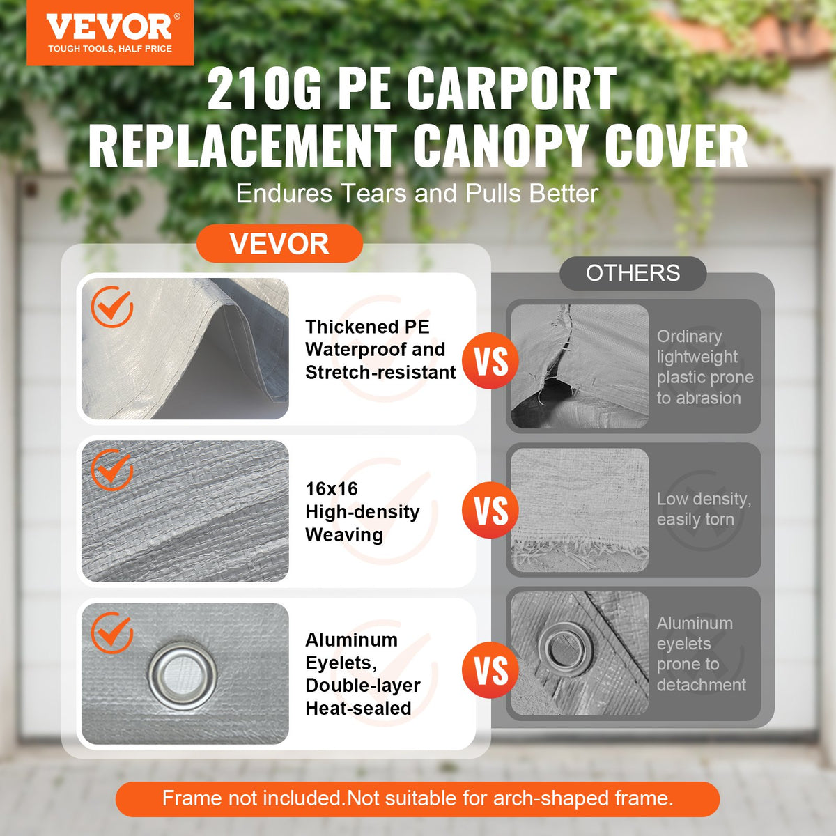 VEVOR Carport Replacement Canopy Cover 12 x 20 ft, Garage Top Tent Shelter Tarp Heavy-Duty Waterproof & UV Protected, Easy Installation with Ball Bungees,Grey (Only Top Cover, Frame Not Include) - CKPB12X20FTH7X9QGV0 - view 3