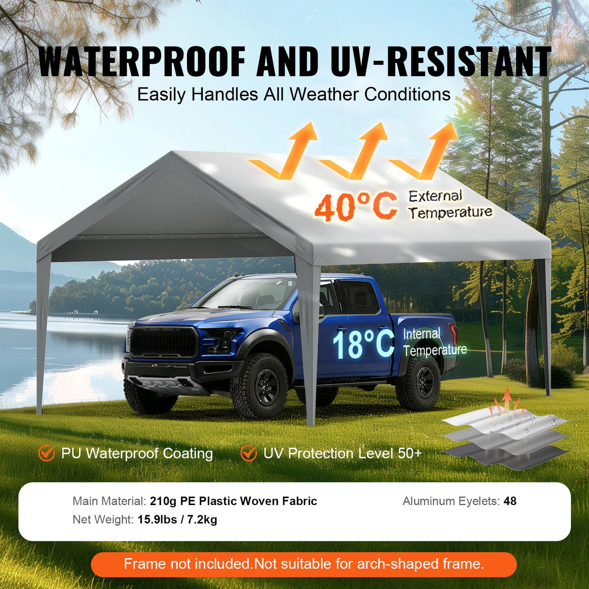 VEVOR Carport Replacement Canopy Cover 12 x 20 ft, Garage Top Tent Shelter Tarp Heavy-Duty Waterproof & UV Protected, Easy Installation with Ball Bungees,Grey (Only Top Cover, Frame Not Include) - CKPB12X20FTH7X9QGV0 - view 4