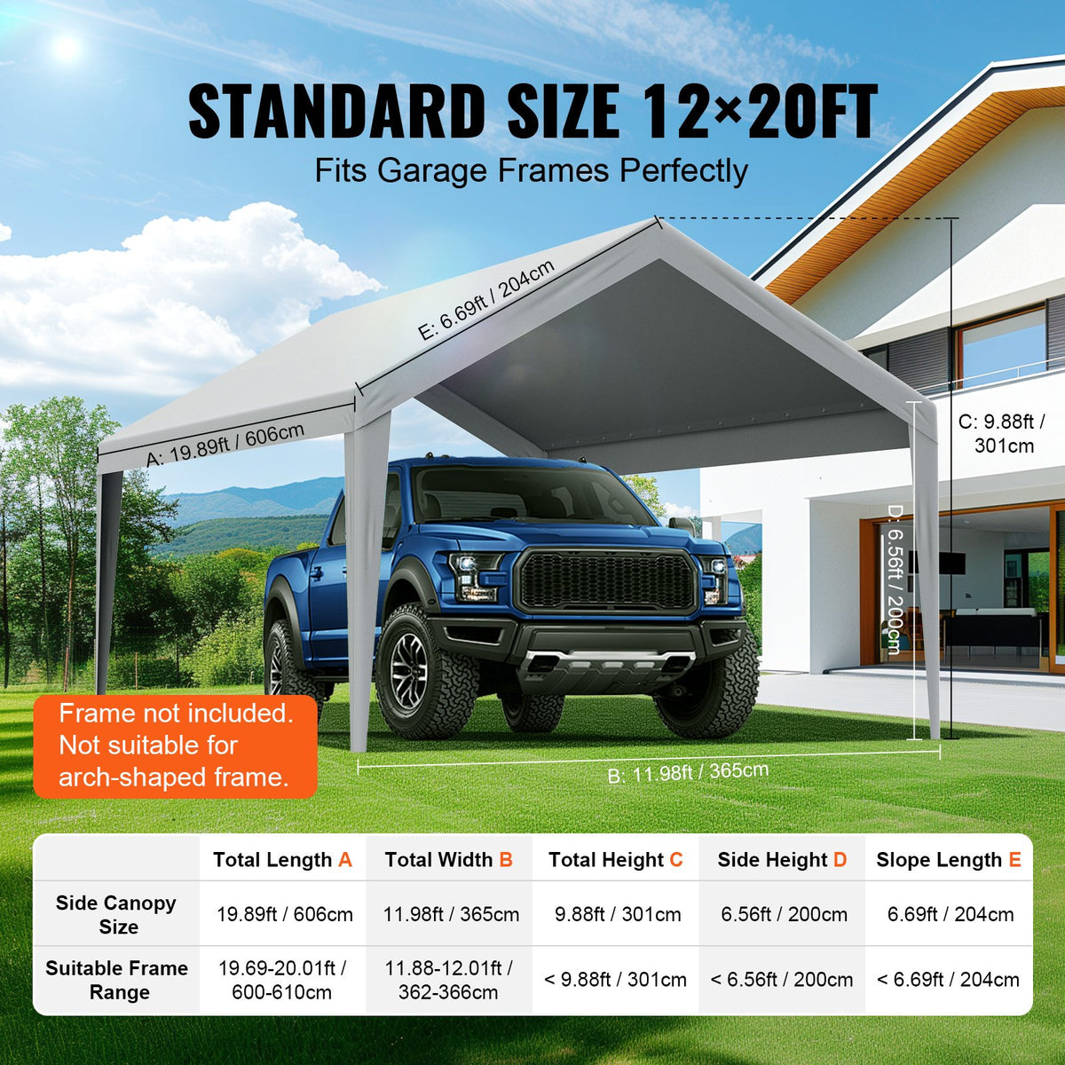 VEVOR Carport Replacement Canopy Cover 12 x 20 ft, Garage Top Tent Shelter Tarp Heavy-Duty Waterproof & UV Protected, Easy Installation with Ball Bungees,Grey (Only Top Cover, Frame Not Include) - CKPB12X20FTH7X9QGV0 - view 5