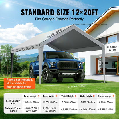 VEVOR Carport Replacement Canopy Cover 12 x 20 ft, Garage Top Tent Shelter Tarp Heavy-Duty Waterproof & UV Protected, Easy Installation with Ball Bungees,Grey (Only Top Cover, Frame Not Include) - CKPB12X20FTH7X9QGV0 - view 5