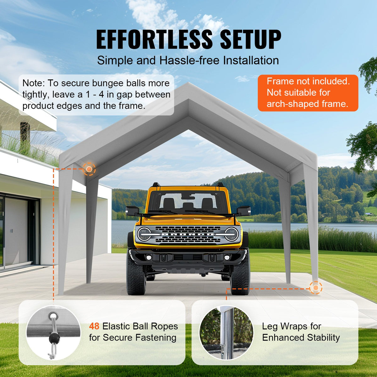 VEVOR Carport Replacement Canopy Cover 12 x 20 ft, Garage Top Tent Shelter Tarp Heavy-Duty Waterproof & UV Protected, Easy Installation with Ball Bungees,Grey (Only Top Cover, Frame Not Include) - CKPB12X20FTH7X9QGV0 - view 6