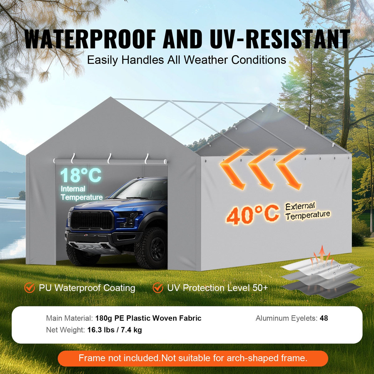 VEVOR Carport Replacement Canopy Cover Side Wall 12 x 20 ft, Garage Tent Shelter Tarp Heavy-Duty Waterproof & UV Protected, Easy Installation with Ball Bungees,Grey (Top and Frame Not Included) - CKPB12X20FTHJ9ULEV0 - view 4