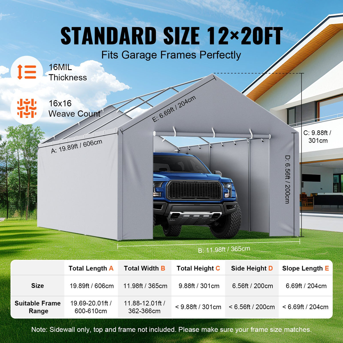 VEVOR Carport Replacement Canopy Cover Side Wall 12 x 20 ft, Garage Tent Shelter Tarp Heavy-Duty Waterproof & UV Protected, Easy Installation with Ball Bungees,Grey (Top and Frame Not Included) - CKPB12X20FTHJ9ULEV0 - view 5