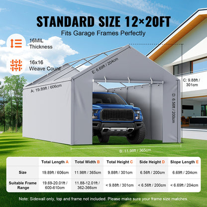 VEVOR Carport Replacement Canopy Cover Side Wall 12 x 20 ft, Garage Tent Shelter Tarp Heavy-Duty Waterproof & UV Protected, Easy Installation with Ball Bungees,Grey (Top and Frame Not Included) - CKPB12X20FTHJ9ULEV0 - view 5