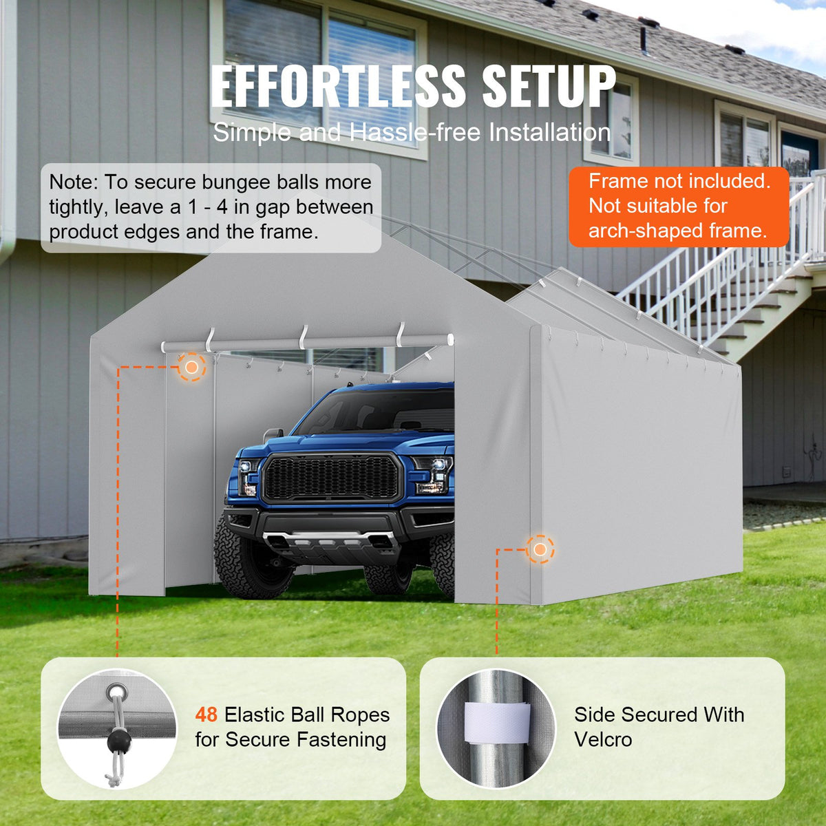 VEVOR Carport Replacement Canopy Cover Side Wall 12 x 20 ft, Garage Tent Shelter Tarp Heavy-Duty Waterproof & UV Protected, Easy Installation with Ball Bungees,Grey (Top and Frame Not Included) - CKPB12X20FTHJ9ULEV0 - view 6