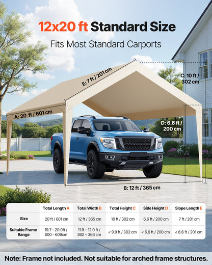 VEVOR Carport Replacement Canopy, 12 x 20 ft Potable Garage Tent Top Tarp, UV-Resistant & Waterproof Car Shelter Tarp, Heavy Duty Car Port Cover with Ball Buggees, Beige, Frame Not Included - CKPB12X20FTM4VTAY001V0 - view 3