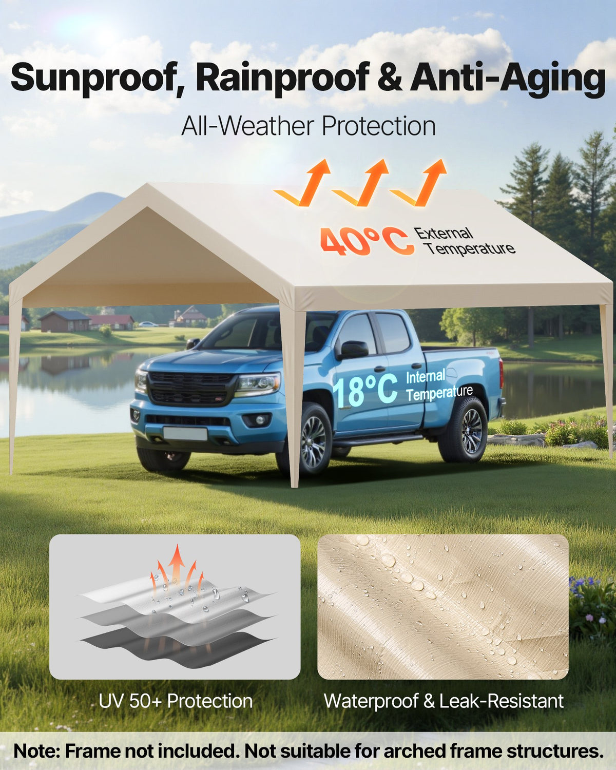 VEVOR Carport Replacement Canopy, 12 x 20 ft Potable Garage Tent Top Tarp, UV-Resistant & Waterproof Car Shelter Tarp, Heavy Duty Car Port Cover with Ball Buggees, Beige, Frame Not Included - CKPB12X20FTM4VTAY001V0 - view 4