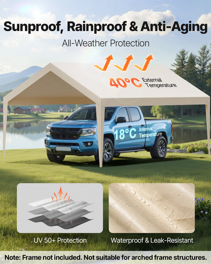 VEVOR Carport Replacement Canopy, 12 x 20 ft Potable Garage Tent Top Tarp, UV-Resistant & Waterproof Car Shelter Tarp, Heavy Duty Car Port Cover with Ball Buggees, Beige, Frame Not Included - CKPB12X20FTM4VTAY001V0 - view 4