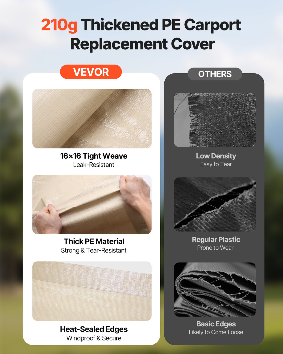 VEVOR Carport Replacement Canopy, 12 x 20 ft Potable Garage Tent Top Tarp, UV-Resistant & Waterproof Car Shelter Tarp, Heavy Duty Car Port Cover with Ball Buggees, Beige, Frame Not Included - CKPB12X20FTM4VTAY001V0 - view 5