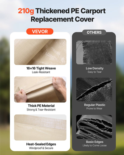 VEVOR Carport Replacement Canopy, 12 x 20 ft Potable Garage Tent Top Tarp, UV-Resistant & Waterproof Car Shelter Tarp, Heavy Duty Car Port Cover with Ball Buggees, Beige, Frame Not Included - CKPB12X20FTM4VTAY001V0 - view 5