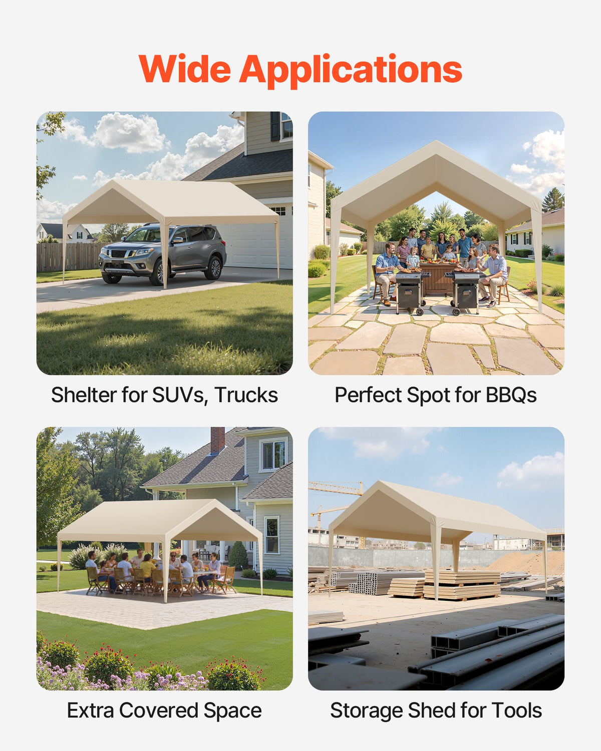 VEVOR Carport Replacement Canopy, 12 x 20 ft Potable Garage Tent Top Tarp, UV-Resistant & Waterproof Car Shelter Tarp, Heavy Duty Car Port Cover with Ball Buggees, Beige, Frame Not Included - CKPB12X20FTM4VTAY001V0 - view 7