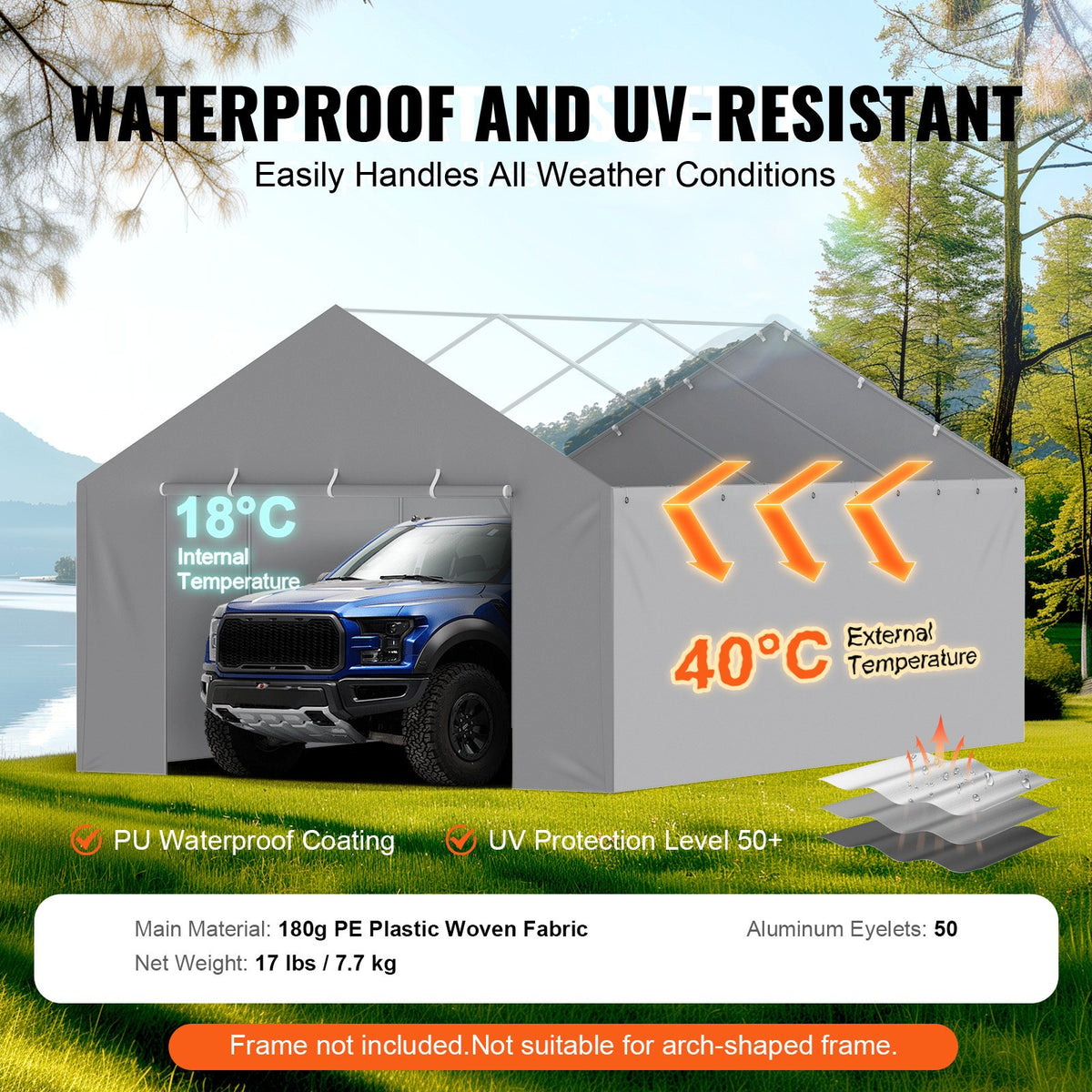 VEVOR Carport Replacement Canopy Cover Side Wall 13 x 20 ft, Garage Tent Shelter Tarp Heavy-Duty Waterproof & UV Protected, Easy Installation with Ball Bungees,Grey (Top and Frame Not Included) - CKPB13X20FTH07RMFV0 - view 4