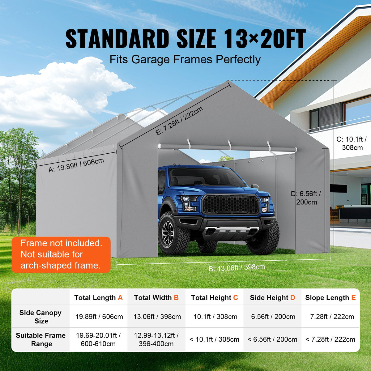 VEVOR Carport Replacement Canopy Cover Side Wall 13 x 20 ft, Garage Tent Shelter Tarp Heavy-Duty Waterproof & UV Protected, Easy Installation with Ball Bungees,Grey (Top and Frame Not Included) - CKPB13X20FTH07RMFV0 - view 5