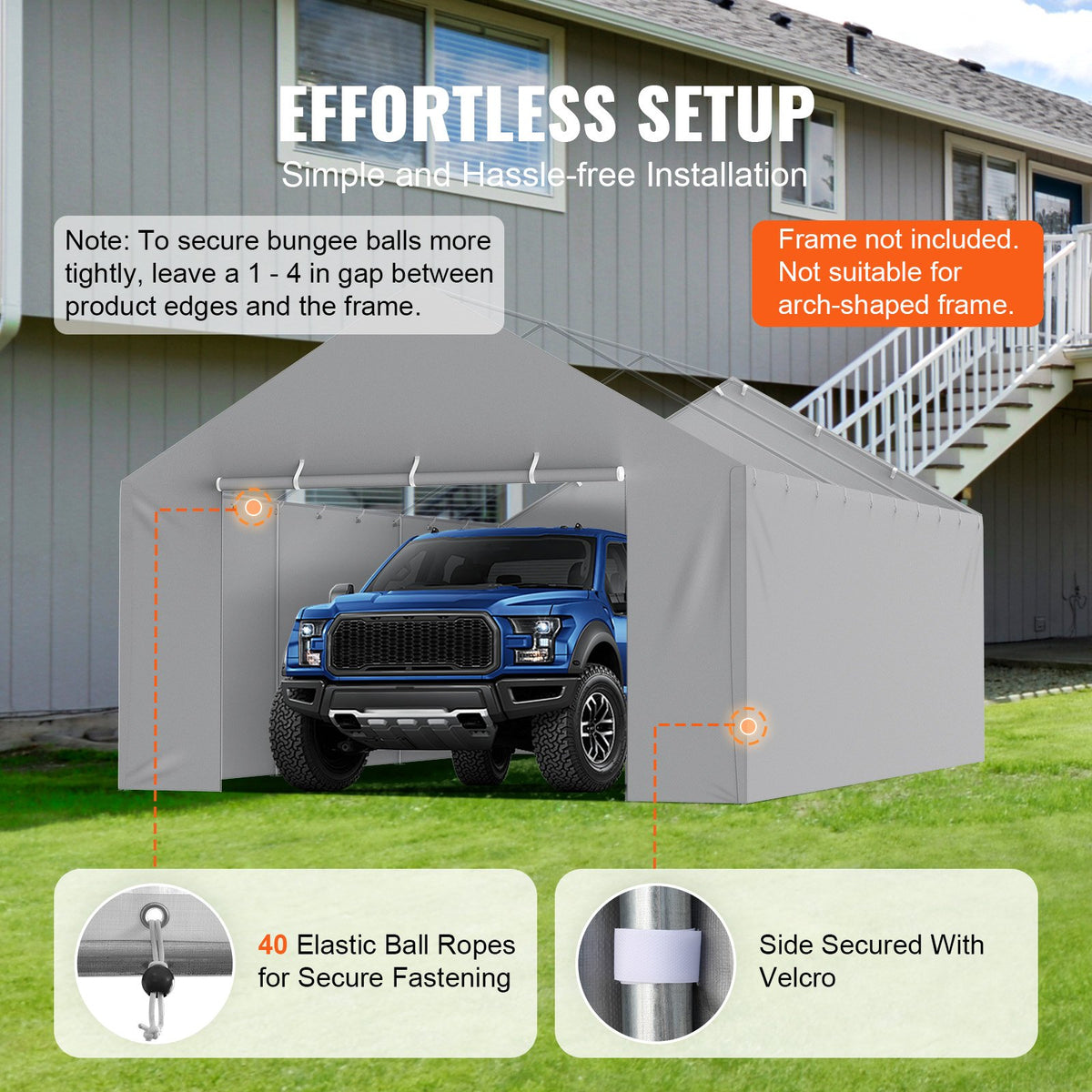 VEVOR Carport Replacement Canopy Cover Side Wall 13 x 20 ft, Garage Tent Shelter Tarp Heavy-Duty Waterproof & UV Protected, Easy Installation with Ball Bungees,Grey (Top and Frame Not Included) - CKPB13X20FTH07RMFV0 - view 6