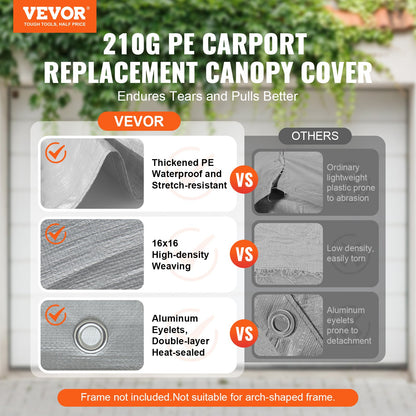 VEVOR Carport Replacement Canopy Cover 13 x 20 ft, Garage Top Tent Shelter Tarp Heavy-Duty Waterproof & UV Protected, Easy Installation with Ball Bungees,Grey (Only Top Cover, Frame Not Include) - CKPB13X20FTH5KUZ0V0 - view 3