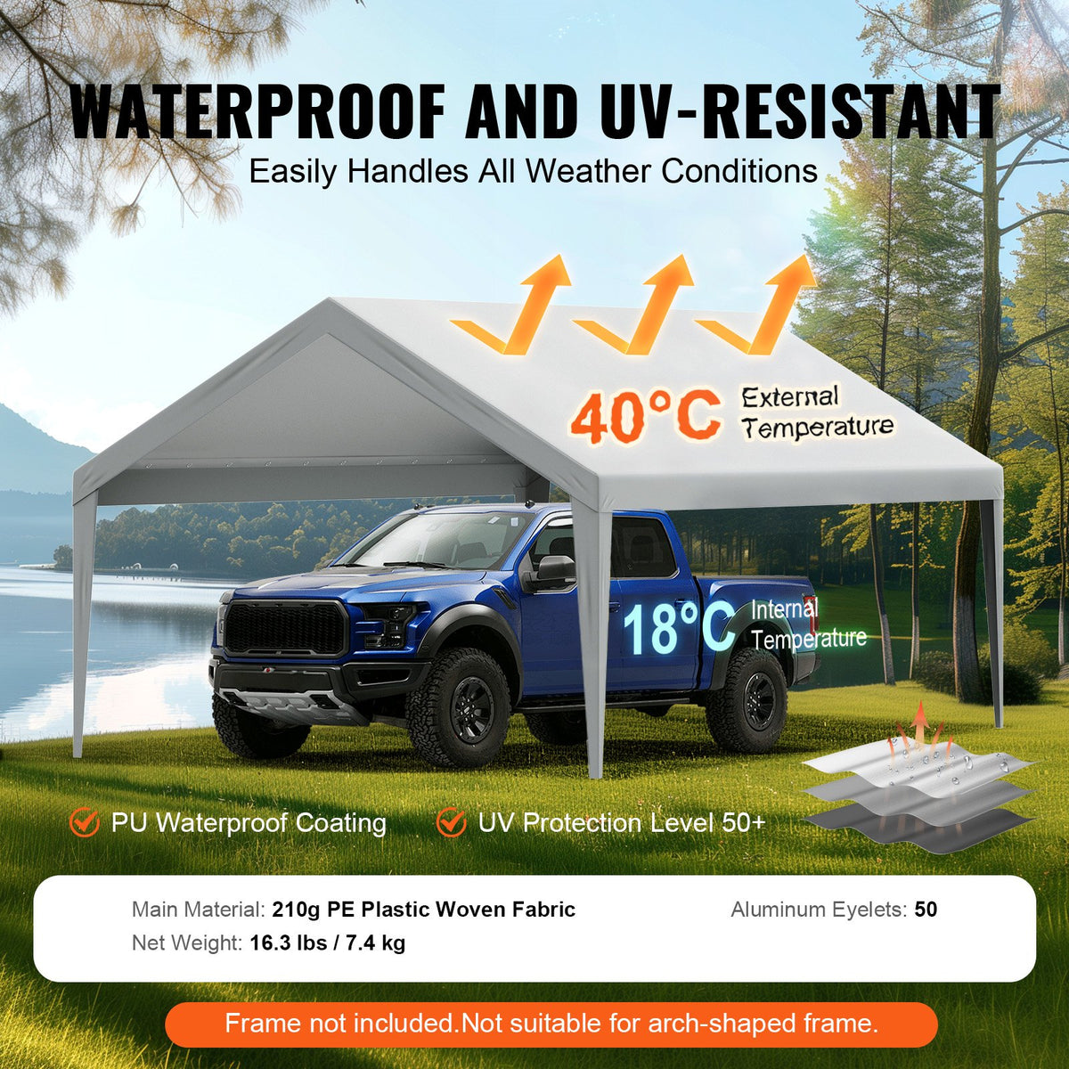 VEVOR Carport Replacement Canopy Cover 13 x 20 ft, Garage Top Tent Shelter Tarp Heavy-Duty Waterproof & UV Protected, Easy Installation with Ball Bungees,Grey (Only Top Cover, Frame Not Include) - CKPB13X20FTH5KUZ0V0 - view 4
