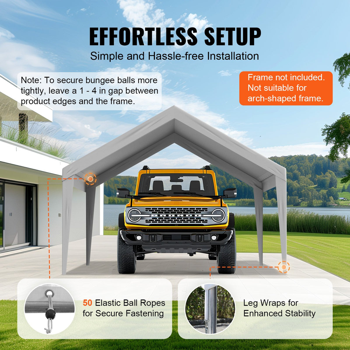 VEVOR Carport Replacement Canopy Cover 13 x 20 ft, Garage Top Tent Shelter Tarp Heavy-Duty Waterproof & UV Protected, Easy Installation with Ball Bungees,Grey (Only Top Cover, Frame Not Include) - CKPB13X20FTH5KUZ0V0 - view 6