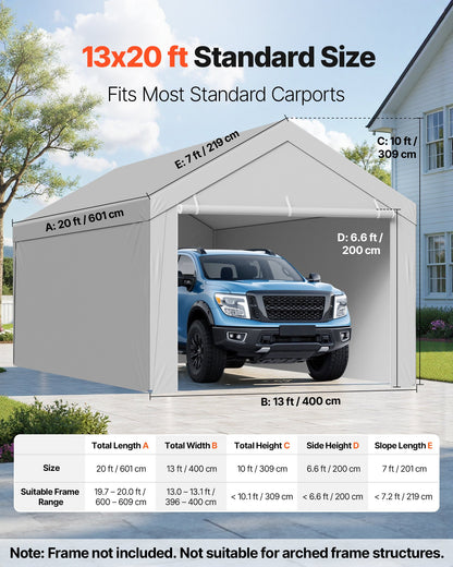VEVOR Carport Replacement Canopy, 13 x 20 ft Potable Garage Tent Top Tarp with Sidewalls, UV-Resistant & Waterproof, Heavy Duty Car Shelter Tarp with Ball Buggees, Grey, Frame Not Included - CKPB13X20FTHFHUUD001V0 - view 3