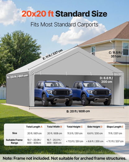 VEVOR Carport Replacement Canopy, 20 x 20 ft Potable Garage Tent Top Tarp with Sidewalls, UV-Resistant & Waterproof, Heavy Duty Car Shelter Tarp with Ball Buggees, Grey, Frame Not Included - CKPB2020FTHS0HU3N001V0 - view 3
