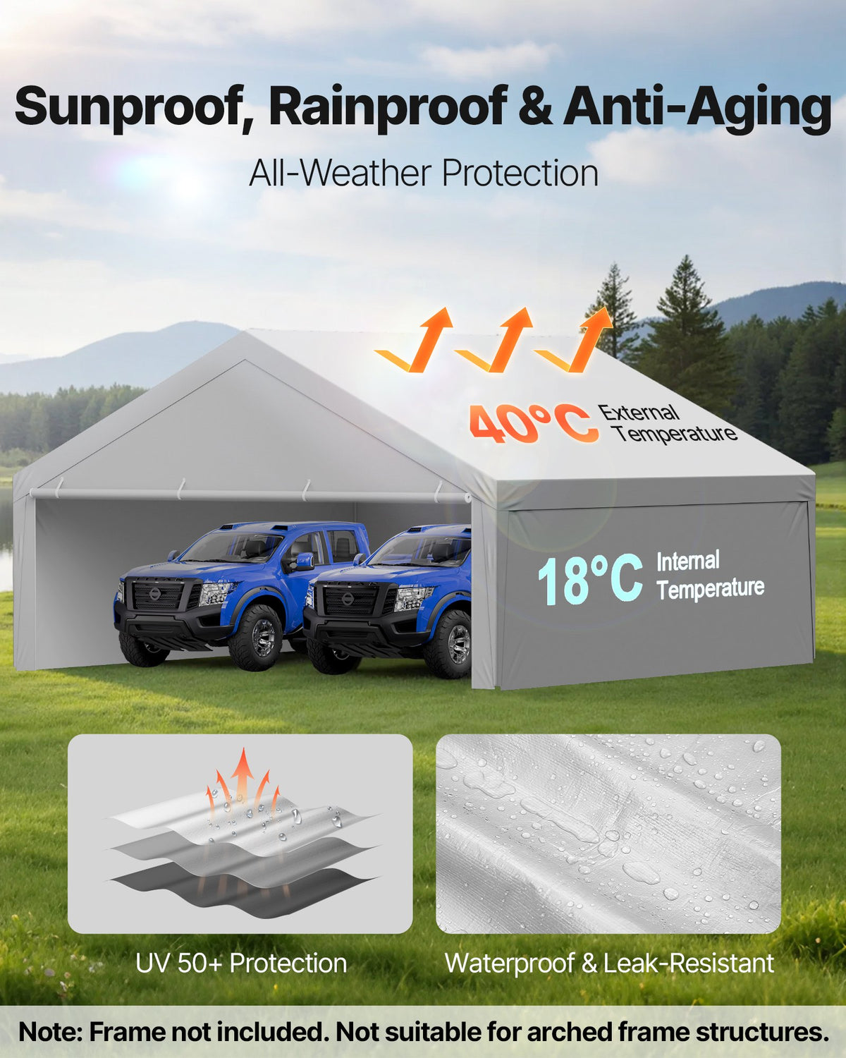 VEVOR Carport Replacement Canopy, 20 x 20 ft Potable Garage Tent Top Tarp with Sidewalls, UV-Resistant & Waterproof, Heavy Duty Car Shelter Tarp with Ball Buggees, Grey, Frame Not Included - CKPB2020FTHS0HU3N001V0 - view 4