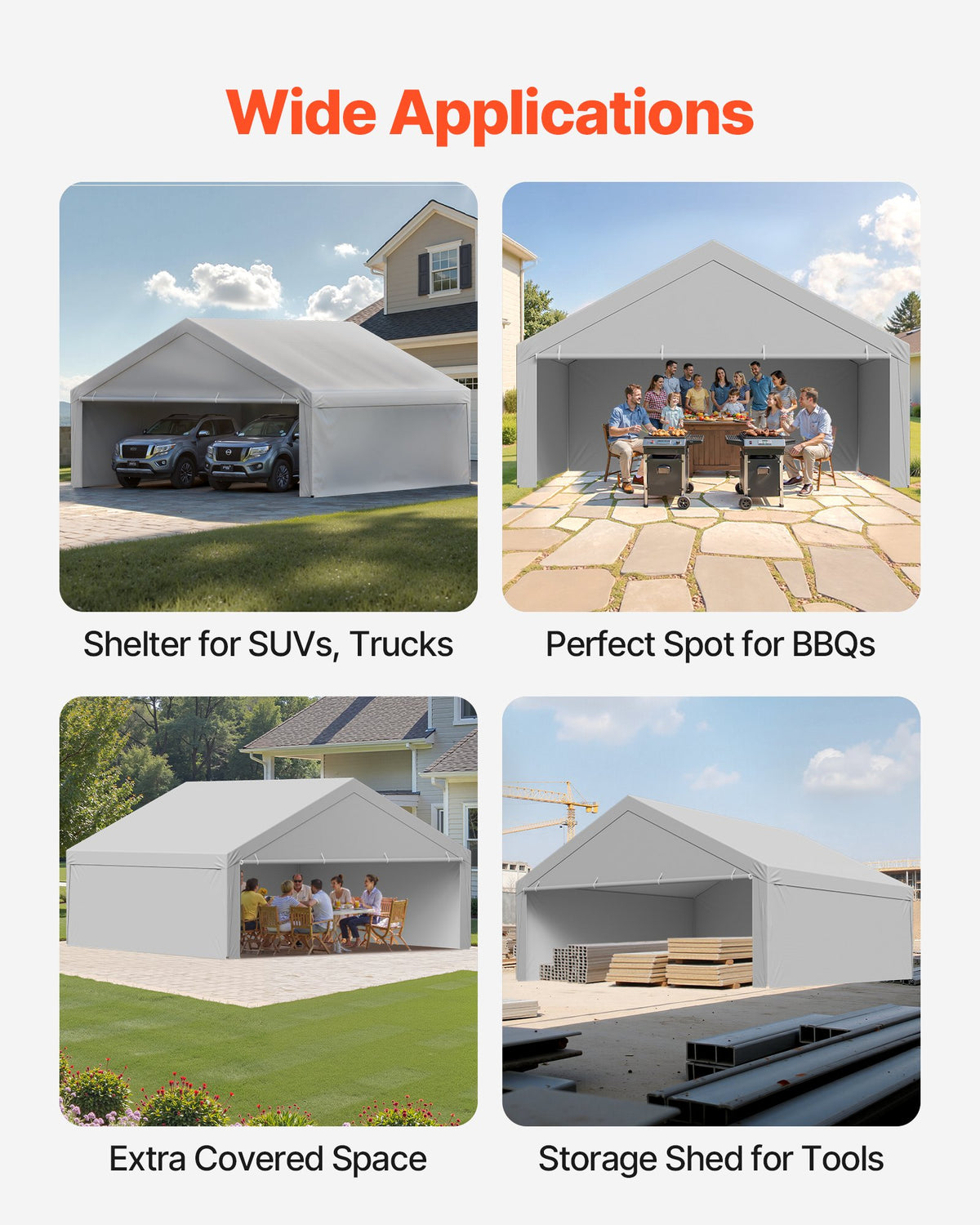 VEVOR Carport Replacement Canopy, 20 x 20 ft Potable Garage Tent Top Tarp with Sidewalls, UV-Resistant & Waterproof, Heavy Duty Car Shelter Tarp with Ball Buggees, Grey, Frame Not Included - CKPB2020FTHS0HU3N001V0 - view 7